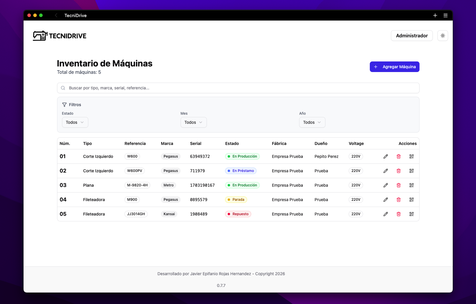 Dashboard TecniDrive - Sistema de gestión de inventario y mantenimiento